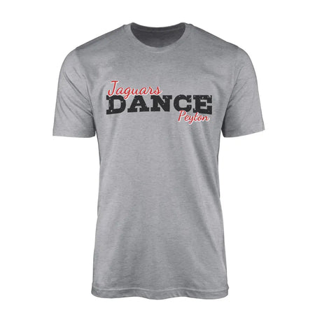 custom dance mascot and dancer name design on a mens t-shirt with a black graphic