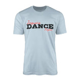 custom dance mascot and dancer name design on a mens t-shirt with a black graphic