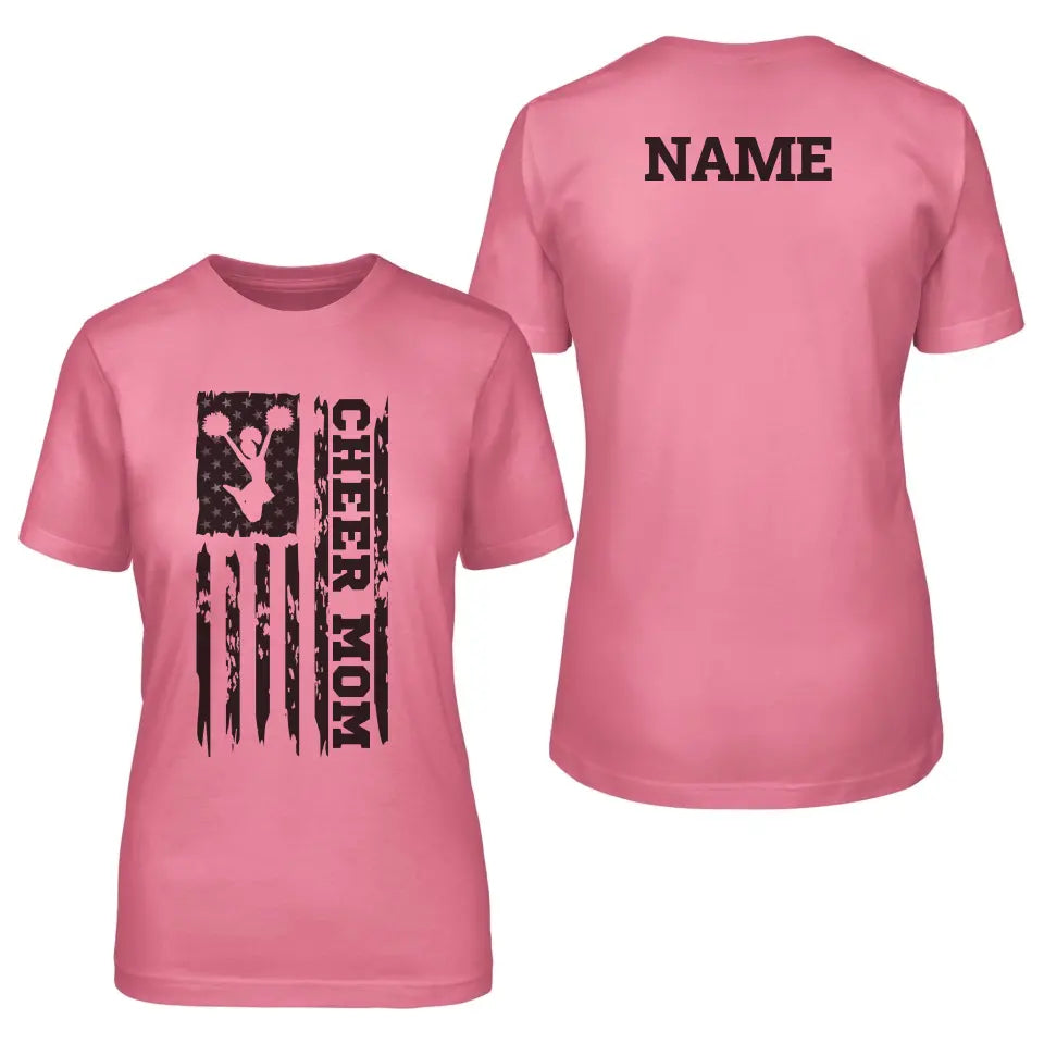 Cheer Mom Vertical Flag With Cheerleader Name | Unisex T-Shirt | Black Graphic