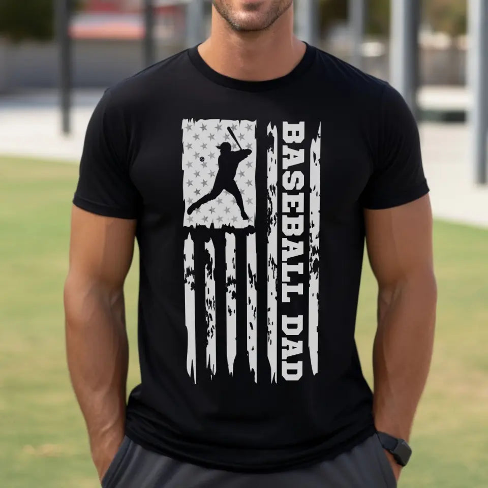 baseball dad vertical flag on a mens t-shirt with a white graphic