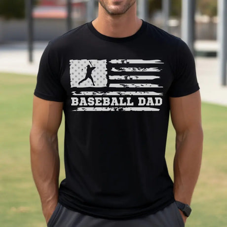 baseball dad horizontal flag on a mens t-shirt with a white graphic