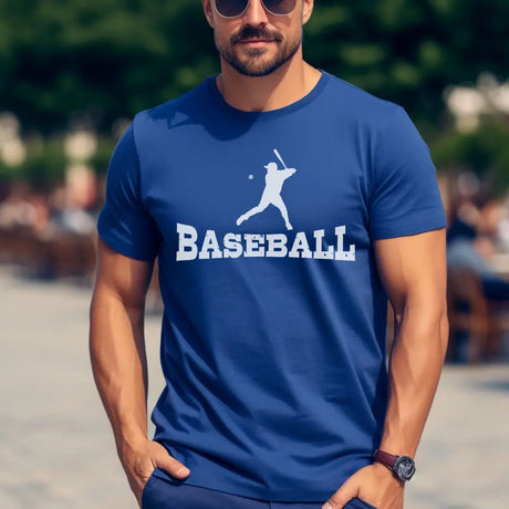 basic baseball with baseball player icon on a mens t-shirt with a white graphic