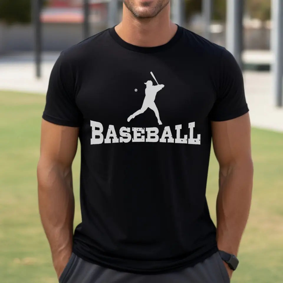 basic baseball with baseball player icon on a mens t-shirt with a white graphic