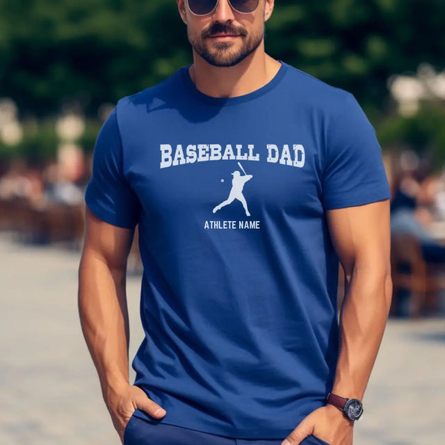 baseball dad with baseball player icon and baseball player name on a mens t-shirt with a white graphic