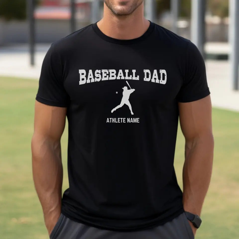 baseball dad with baseball player icon and baseball player name on a mens t-shirt with a white graphic