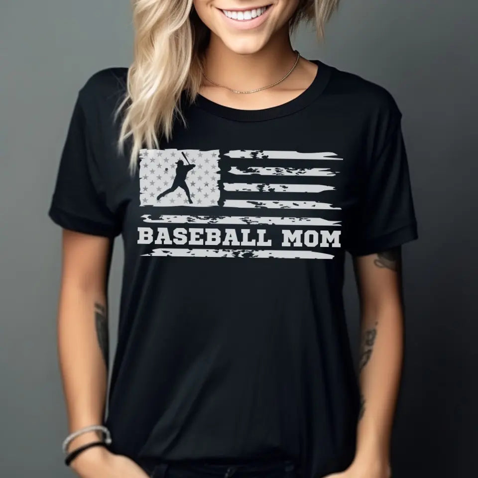 baseball mom horizontal flag on a unisex t-shirt with a white graphic
