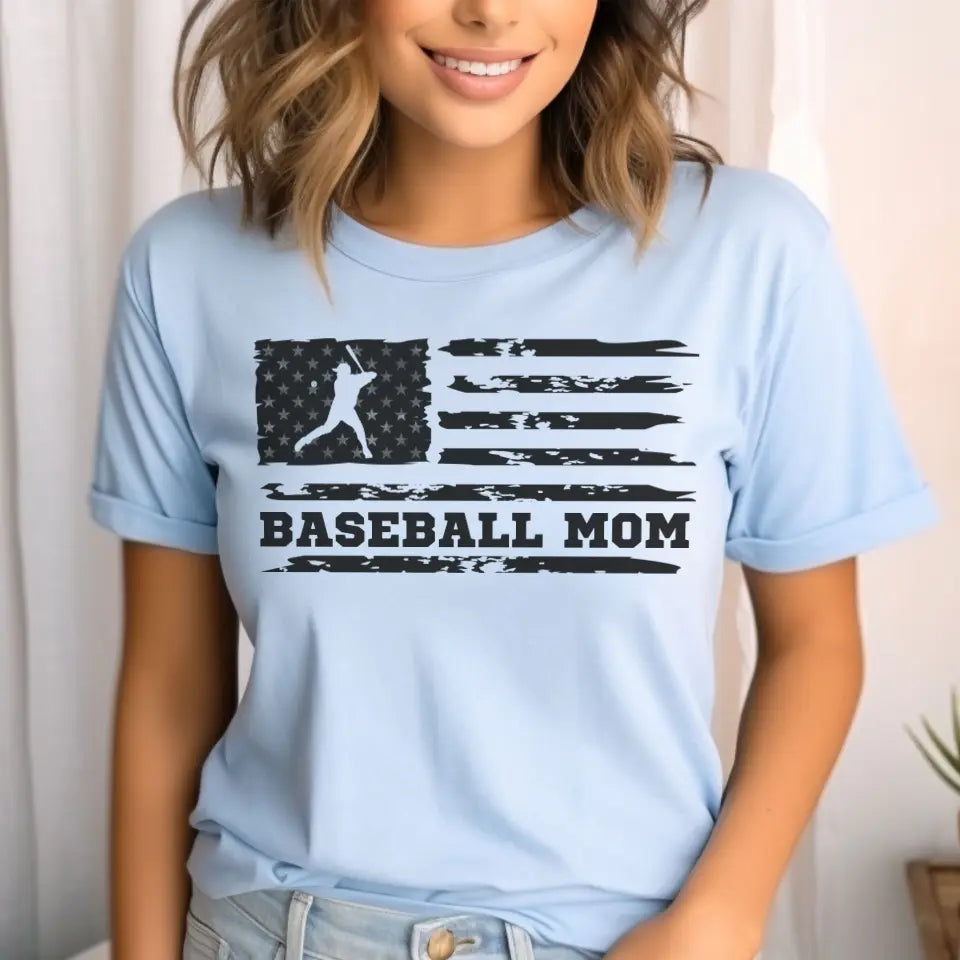 baseball mom horizontal flag on a unisex t-shirt with a black graphic