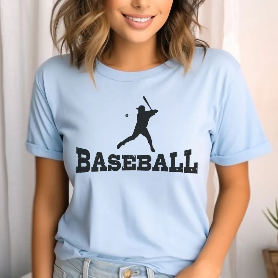 basic baseball with baseball player icon on a unisex t-shirt with a black graphic