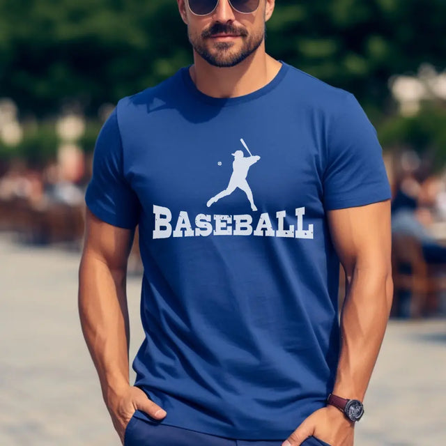 basic baseball with baseball player icon on a unisex t-shirt with a white graphic