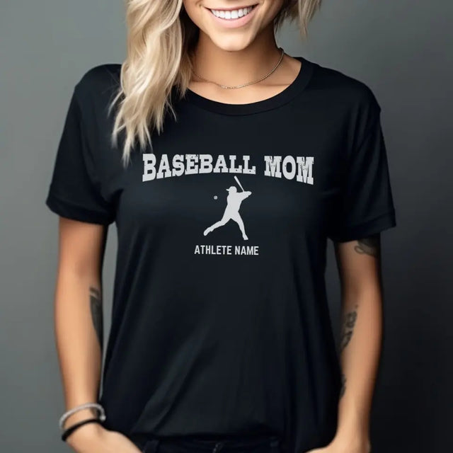 baseball mom with baseball player icon and baseball player name on a unisex t-shirt with a white graphic