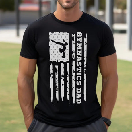 gymnastics dad vertical flag on a mens t-shirt with a white graphic