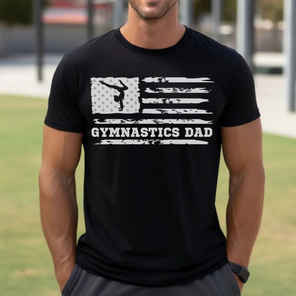 gymnastics dad horizontal flag on a mens t-shirt with a white graphic