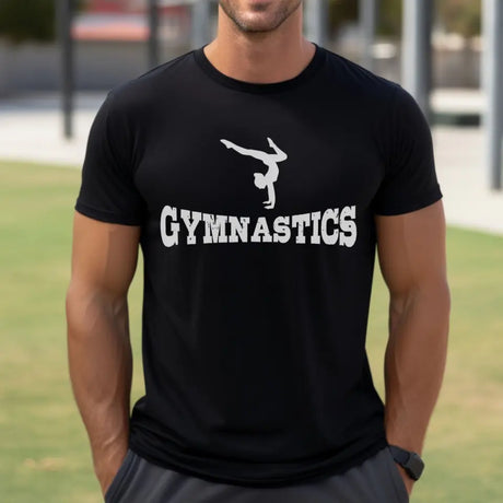 basic gymnastics with gymnast icon on a mens t-shirt with a white graphic