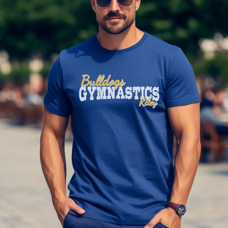 custom gymnastics mascot and gymnast name on a mens t-shirt with a white graphic