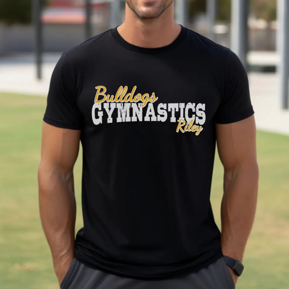 custom gymnastics mascot and gymnast name on a mens t-shirt with a white graphic