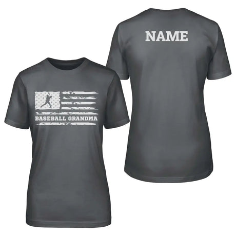 baseball grandma horizontal flag with baseball player name on a unisex t-shirt with a white graphic