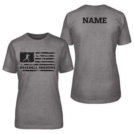 baseball grandma horizontal flag with baseball player name on a unisex t-shirt with a black graphic