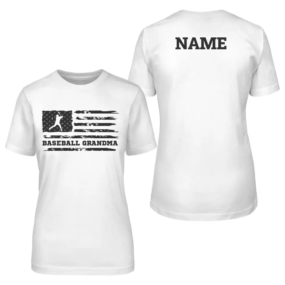 baseball grandma horizontal flag with baseball player name on a unisex t-shirt with a black graphic