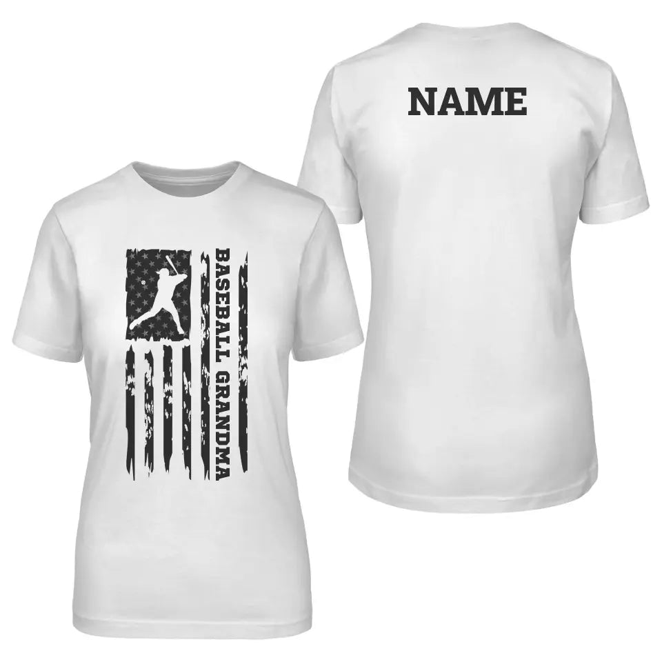 baseball grandma vertical flag with baseball player name on a unisex t-shirt with a black graphic