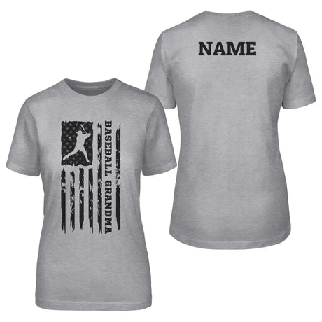 baseball grandma vertical flag with baseball player name on a unisex t-shirt with a black graphic
