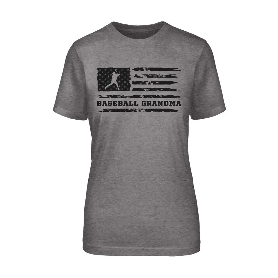 baseball grandma horizontal flag on a unisex t-shirt with a black graphic