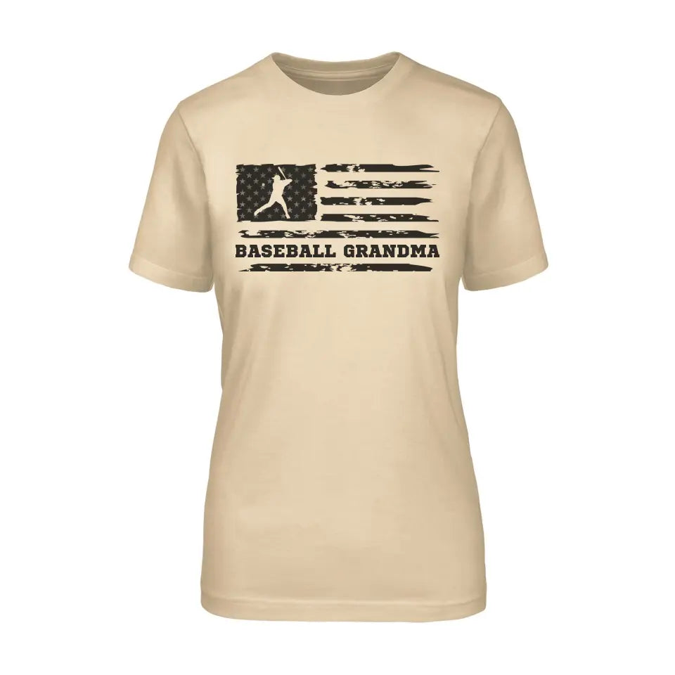 baseball grandma horizontal flag on a unisex t-shirt with a black graphic