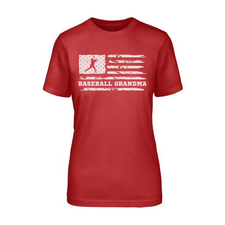 baseball grandma horizontal flag on a unisex t-shirt with a white graphic