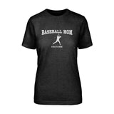 baseball mom with baseball player icon and baseball player name on a unisex t-shirt with a white graphic