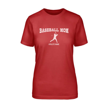 baseball mom with baseball player icon and baseball player name on a unisex t-shirt with a white graphic