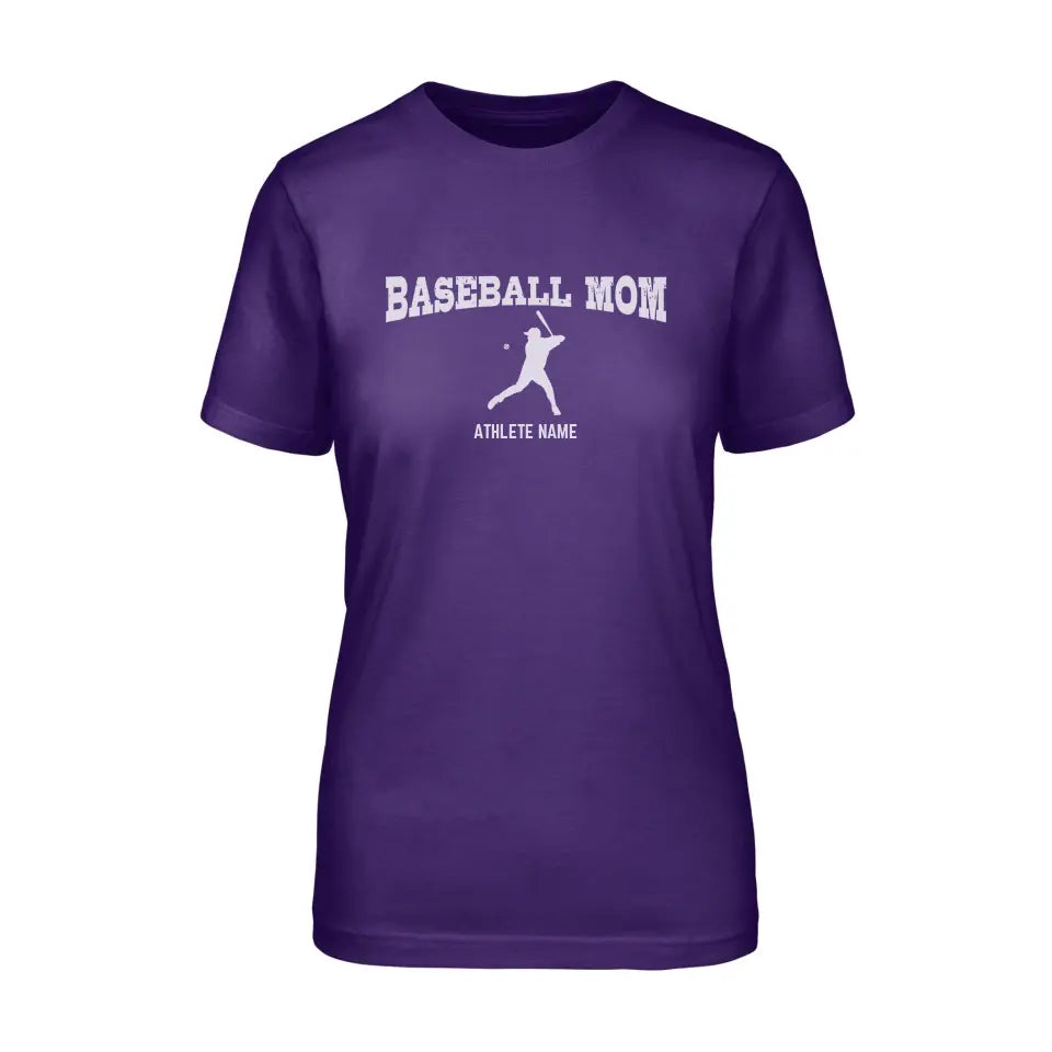 baseball mom with baseball player icon and baseball player name on a unisex t-shirt with a white graphic