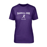 baseball mom with baseball player icon and baseball player name on a unisex t-shirt with a white graphic