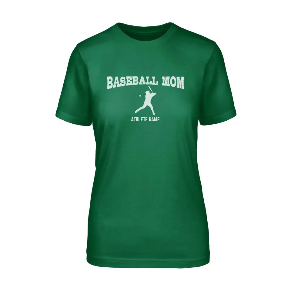 baseball mom with baseball player icon and baseball player name on a unisex t-shirt with a white graphic