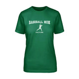 baseball mom with baseball player icon and baseball player name on a unisex t-shirt with a white graphic