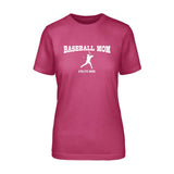 baseball mom with baseball player icon and baseball player name on a unisex t-shirt with a white graphic