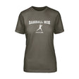 baseball mom with baseball player icon and baseball player name on a unisex t-shirt with a white graphic