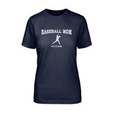 baseball mom with baseball player icon and baseball player name on a unisex t-shirt with a white graphic