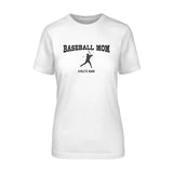 baseball mom with baseball player icon and baseball player name on a unisex t-shirt with a black graphic