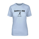 baseball mom with baseball player icon and baseball player name on a unisex t-shirt with a black graphic