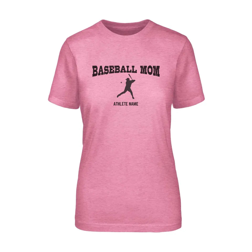 baseball mom with baseball player icon and baseball player name on a unisex t-shirt with a black graphic