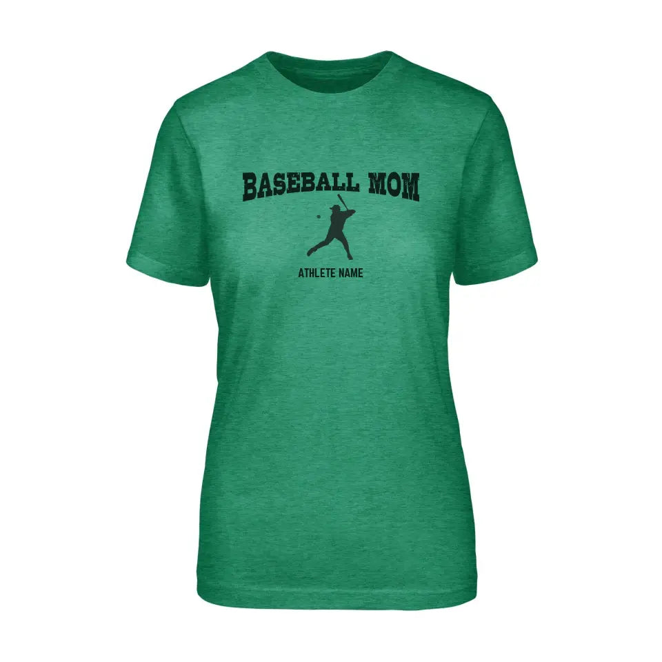 baseball mom with baseball player icon and baseball player name on a unisex t-shirt with a black graphic