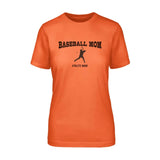 baseball mom with baseball player icon and baseball player name on a unisex t-shirt with a black graphic