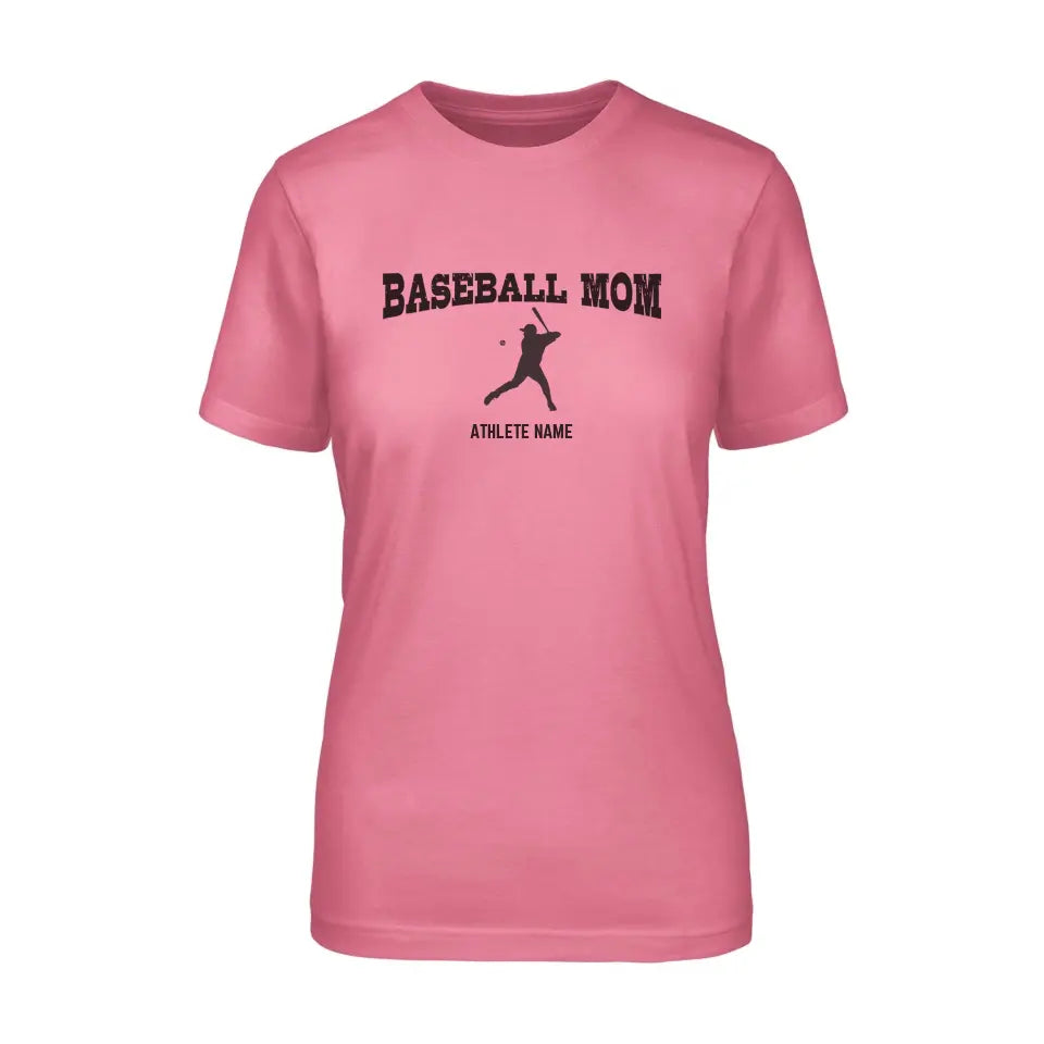 baseball mom with baseball player icon and baseball player name on a unisex t-shirt with a black graphic