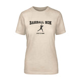 baseball mom with baseball player icon and baseball player name on a unisex t-shirt with a black graphic