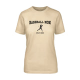 baseball mom with baseball player icon and baseball player name on a unisex t-shirt with a black graphic