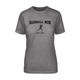 baseball mom with baseball player icon and baseball player name on a unisex t-shirt with a black graphic