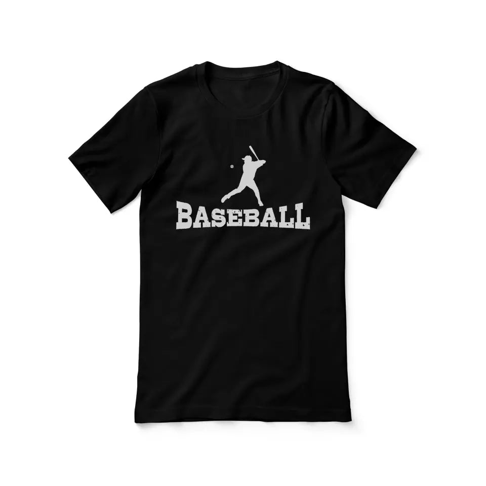 basic baseball with baseball player icon on a unisex t-shirt with a white graphic