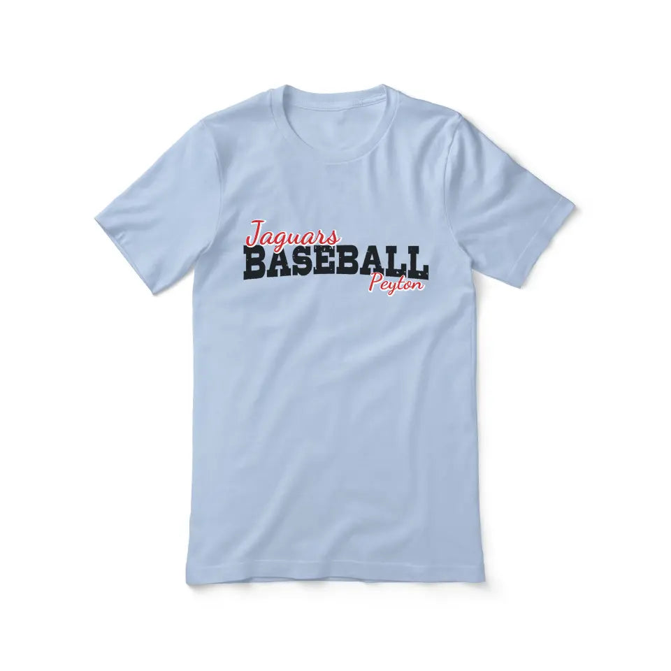 custom baseball mascot and baseball player name on a unisex t-shirt with a black graphic