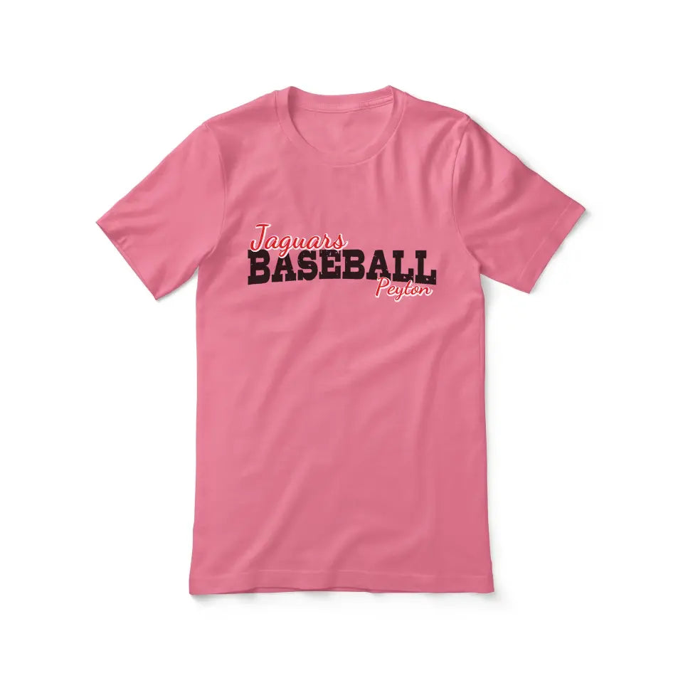 custom baseball mascot and baseball player name on a unisex t-shirt with a black graphic