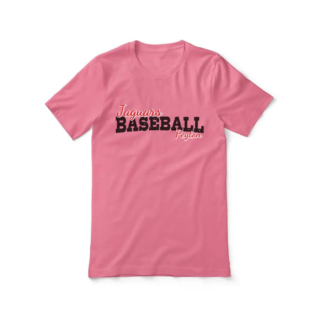 custom baseball mascot and baseball player name on a unisex t-shirt with a black graphic