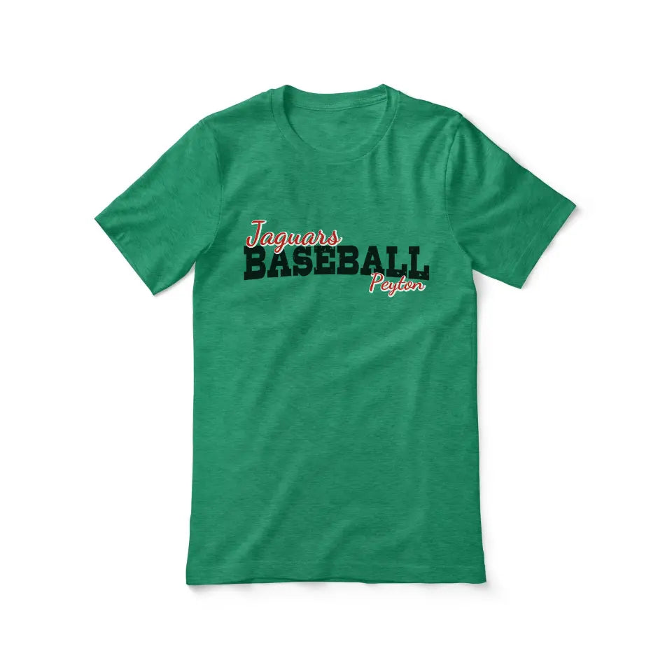 custom baseball mascot and baseball player name on a unisex t-shirt with a black graphic